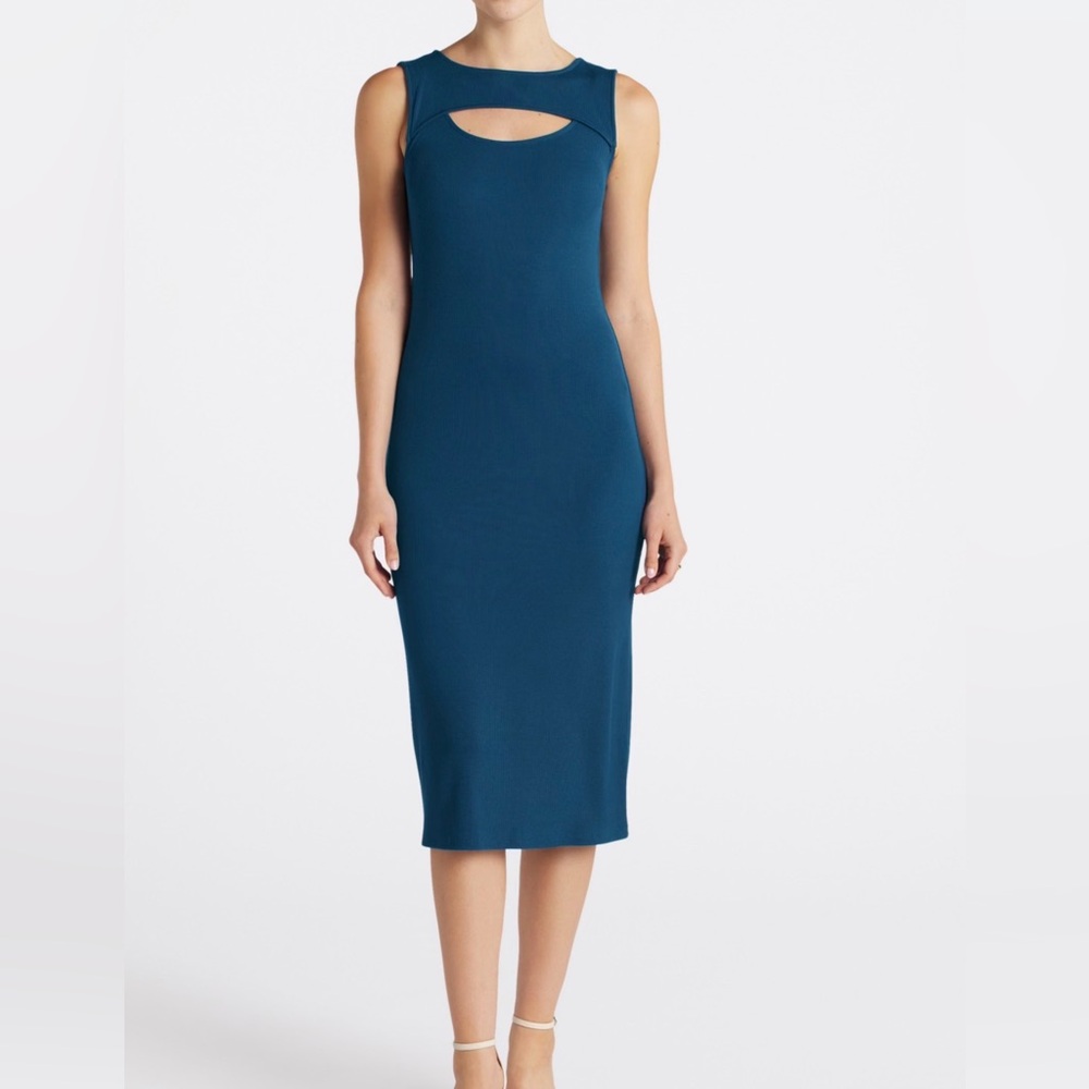 41 Hawthorn XL Petite Teal Blue Rib Knit Midi Dress Sleeveless Front Cutout